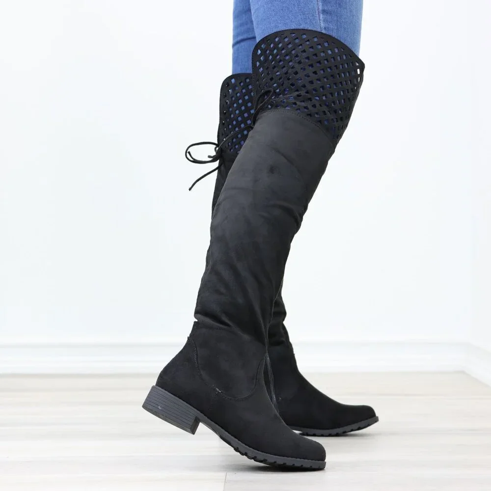 Black Thigh High Over The Knee Flat Boots Faux Suede - Picture 2 of 15